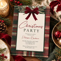 Invitación de Navidad con lazo rojo de tartán a cu