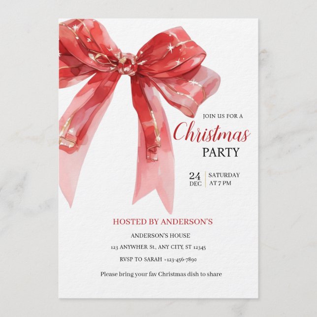 Invitación de Navidad con Lazo Rojo - Invitación m (Anverso)