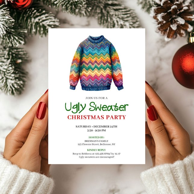 Invitación de Navidad con suéter feo divertido ret (Retro Funny Ugly Sweater Christmas Invitation)