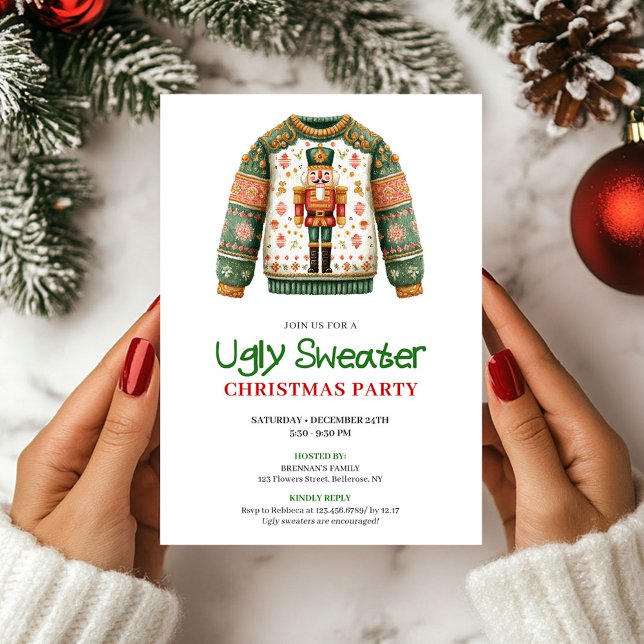 Invitación de Navidad con Suéter Feo Divertido y C (Whimsical Funny Ugly Sweater Xmas Invitation)