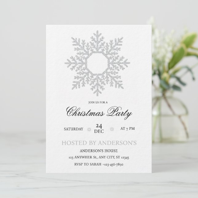 Invitación de Navidad Copo de Nieve Plateado (Anverso de pie)