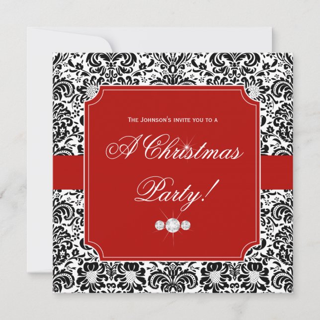Invitación de Navidad Damask Rojo Negro Blanco (Anverso)