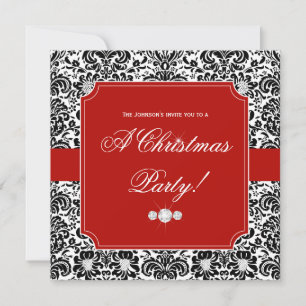 Invitación de Navidad Damask Rojo Negro Blanco