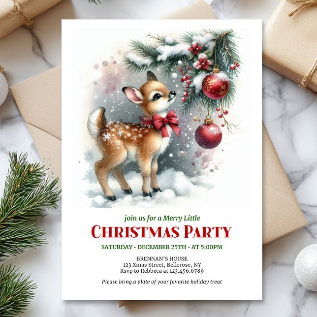 Invitación de Navidad de bosque nevado acogedor pa (Minimalist baby deer snowy forest watercolor scene Christmas invitation

)
