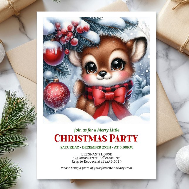 Invitación de Navidad de bosque nevado acogedor pa (Cozy snowy forest baby deer Christmas invitation printable card)