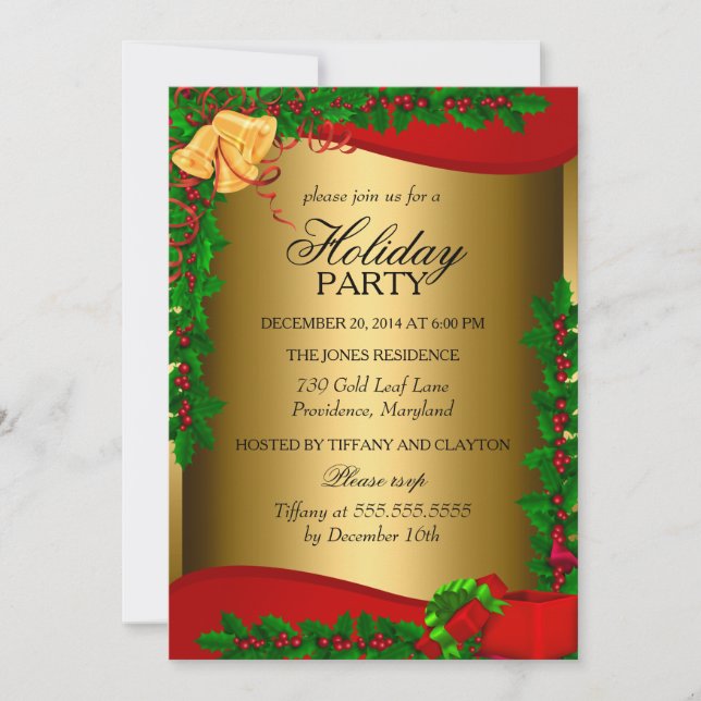 Invitación de Navidad de Campana de Hojas de Acebo (Anverso)