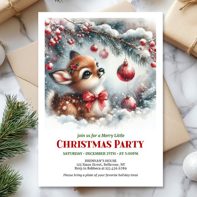 Invitación de Navidad de ciervo bebé invernal acog (Cozy winter baby deer snowy forest watercolor Christmas invitation

)