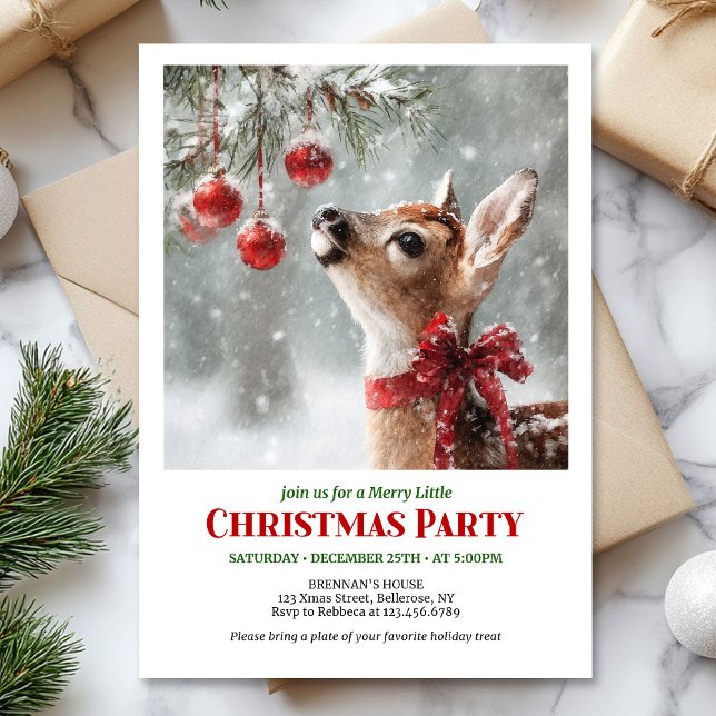 Invitación de Navidad de ciervo cervatillo acuarel (Watercolor fawn snowy forest serene winter Christmas invite

)