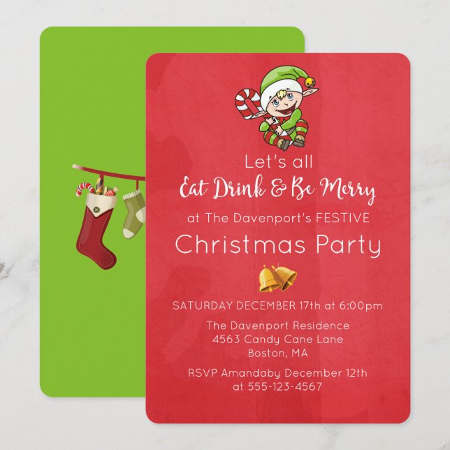 Invitación de Navidad de Elfo Bonito con Bastón de (Anverso / Reverso)