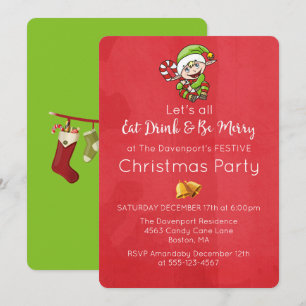 Invitación de Navidad de Elfo Bonito con Bastón de
