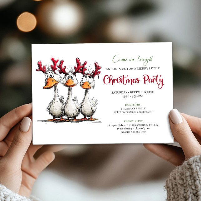 Invitación de Navidad de gansos tontos humorístico (Christmas Silly Geese Humor Playful Cartoon Invite)