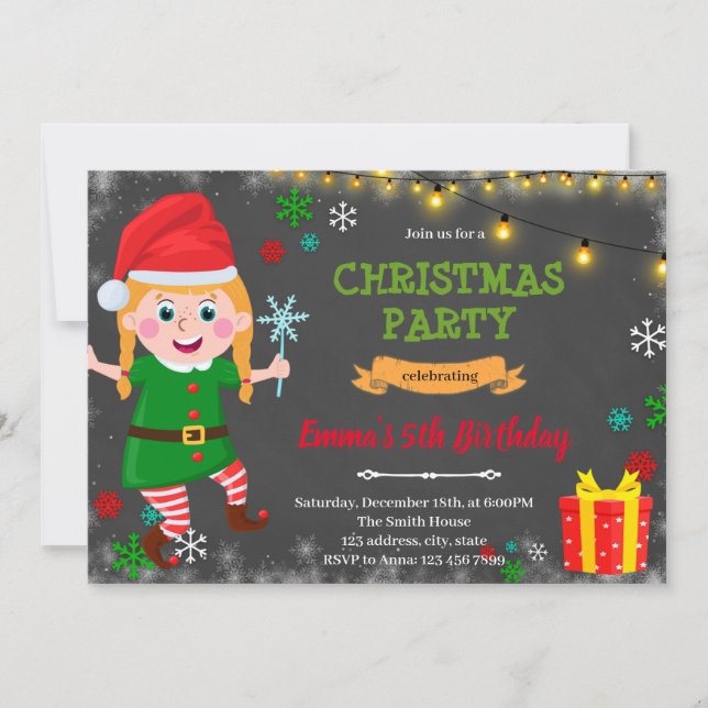 Invitación de Navidad de la niña de los elfos (Anverso)