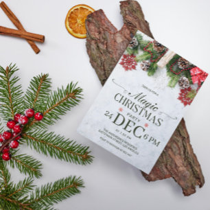 Invitación de Navidad de Piñas y Copos de Nieve