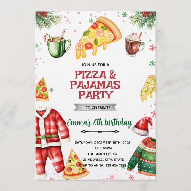 Invitación de Navidad de Pizza y Pijamas (Anverso)