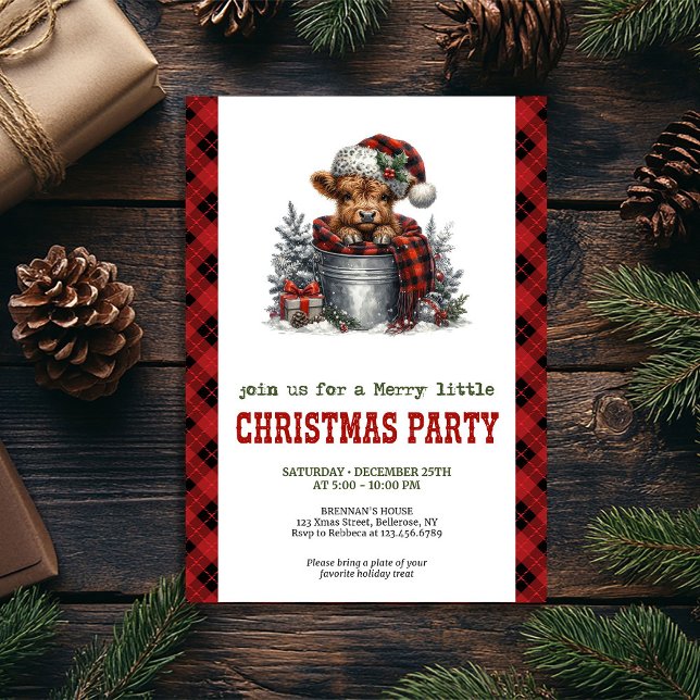 Invitación de Navidad de vaca de las tierras altas (Cozy farmhouse highland cow Christmas invitation)