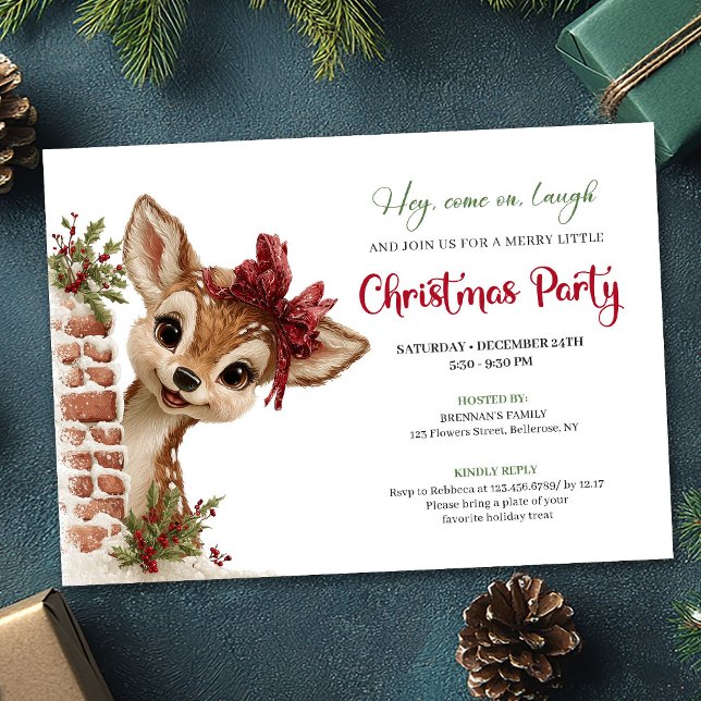 Invitación de Navidad editable con reno bebé jugue (Playful baby reindeer editable Christmas invite)