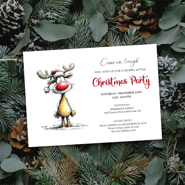 Invitación de Navidad editable con Reno caprichoso (Whimsical Reindeer Editable Christmas Invitation)
