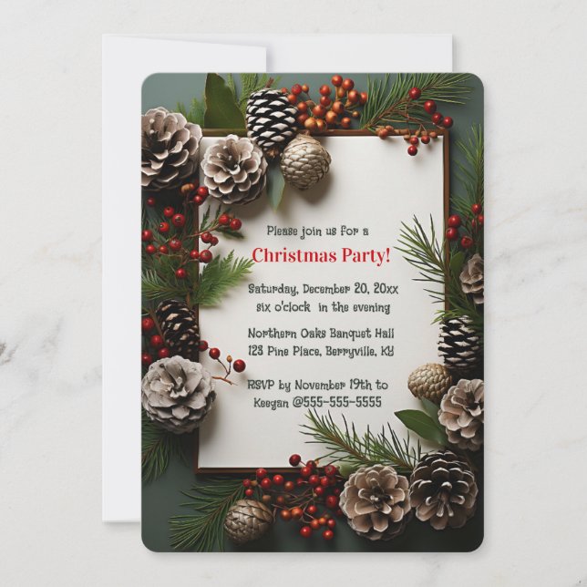 Invitación de Navidad Editable de Piñas y Bayas (Anverso)