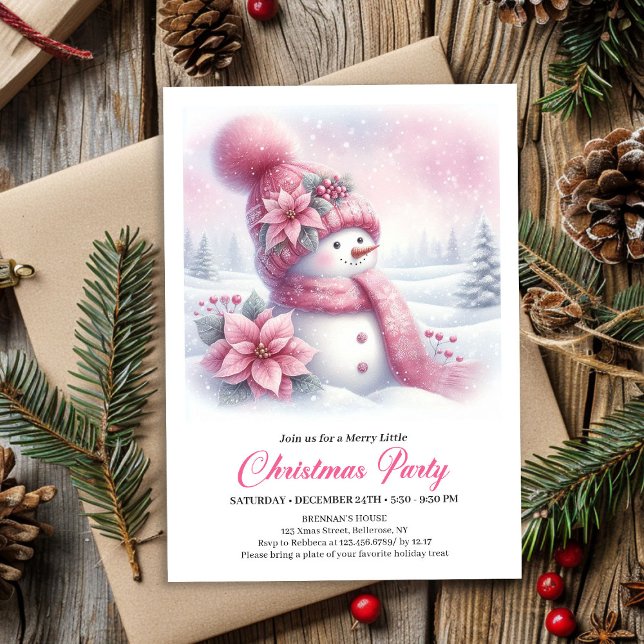 Invitación de Navidad editable para niños con muñe (Luxury Pink Snowman Kids Editable Christmas Invitation

)