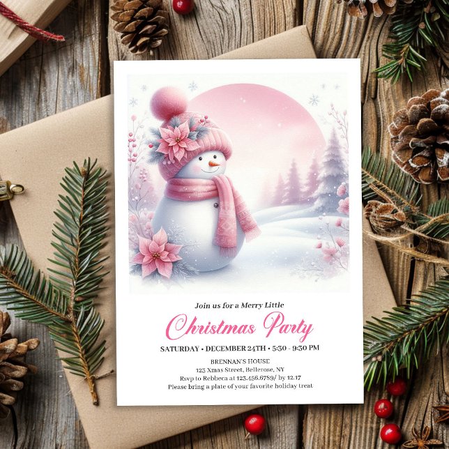 Invitación de Navidad Editable para Niños con Muñe (Elegant Pink Snowman Kids Editable Christmas Invitation

)