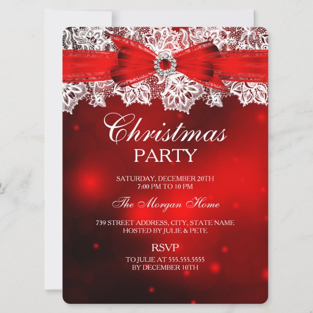 Invitación de Navidad elegante con encaje y lazo (Anverso)