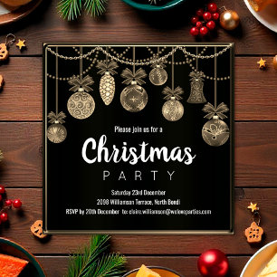 Invitación de Navidad elegante en negro y dorado