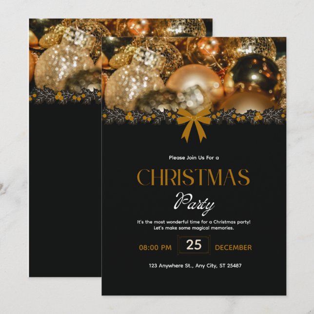 Invitación de Navidad elegante en negro y oro (Anverso / Reverso)