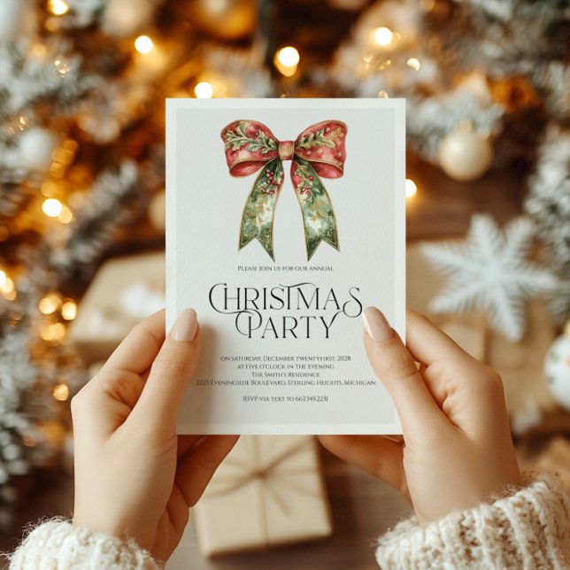 Invitación de Navidad elegante roja y verde Lazo f (Subido por el creador)