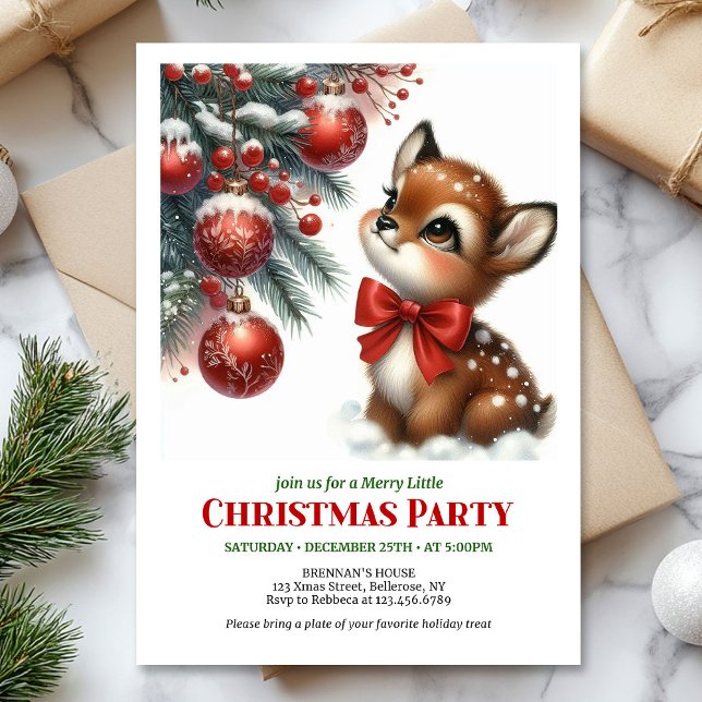 Invitación de Navidad en acuarela de cervatillo be (Cute baby deer watercolor Christmas invitation digital template)