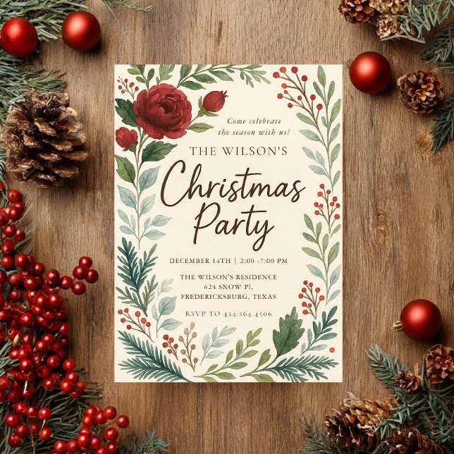 Invitación de Navidad Flores Rústicas de Invierno (Subido por el creador)