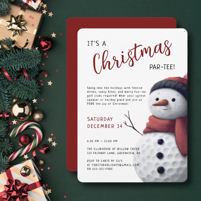 Invitación de Navidad Golf Par-Tee Muñeco de Nieve (Snowman design brings cheerful golf humor to the holidays.)