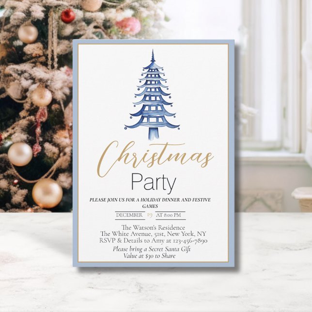 Invitación de Navidad Pagoda azul polvorienta Chin (Chinoiserie Pagoda Christmas tree: Christmas Party invitation in dusty blue)