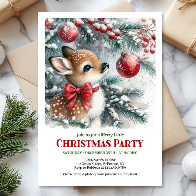 Invitación de Navidad para bebé ciervo en bosque n (Bright snowy forest baby deer Christmas invitation)