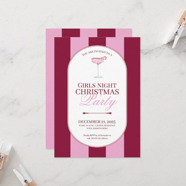 Invitación de Navidad para niñas con franja rosa a (Anverso/Reverso In Situ)