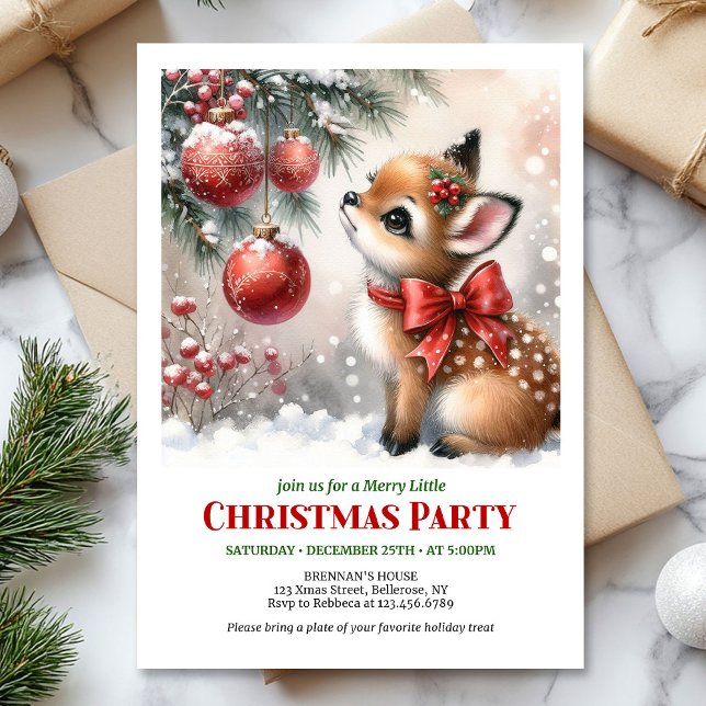 Invitación de Navidad para niños con ciervo bebé f (Festive baby deer Christmas kids invite printable download)