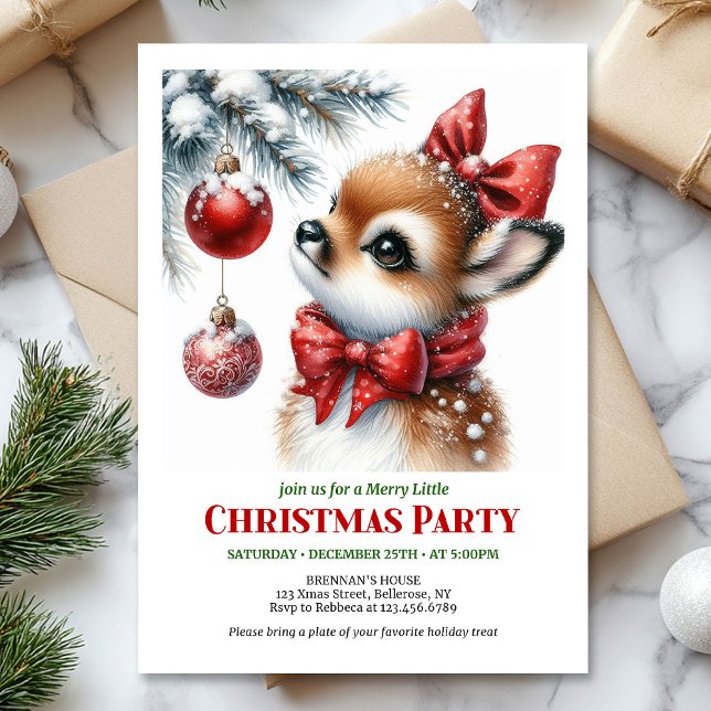 Invitación de Navidad para niños con ciervo bebé f (Festive baby deer Christmas kids invite editable template)