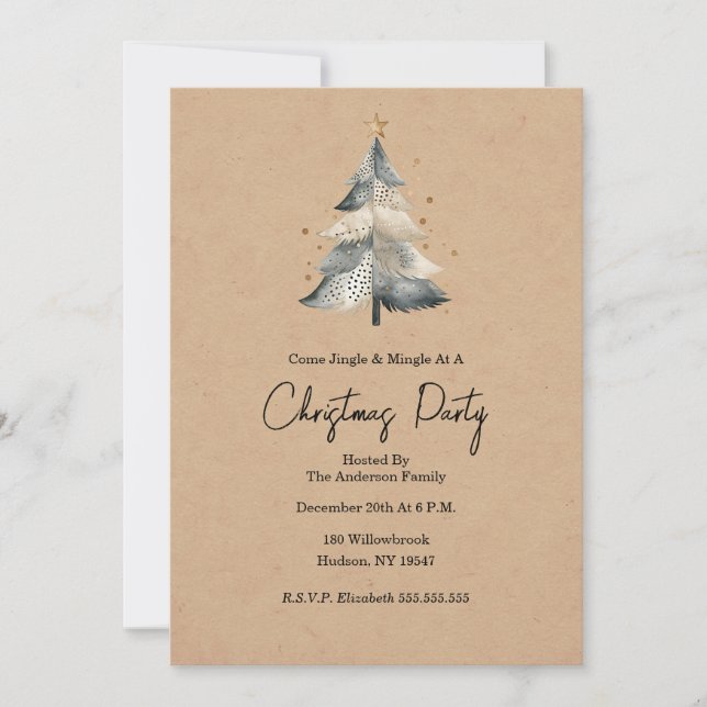 Invitación de Navidad Rustic Tree Jingle and Mingl (Anverso)