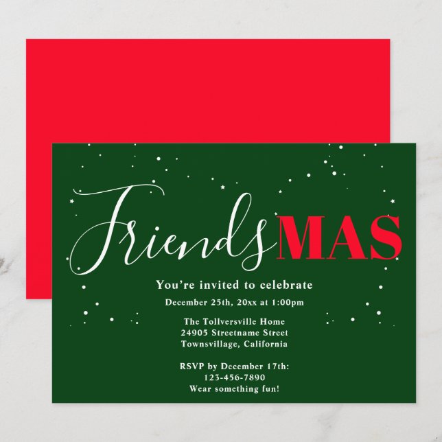 Invitación de Navidad Verde Roja Friendsmas (Anverso / Reverso)