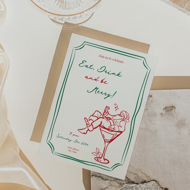 Invitación de Navidades caprichosos Santa Martini (whimsical christmas invitation, santa martini invite, holiday cocktail party invitation, christmas p)