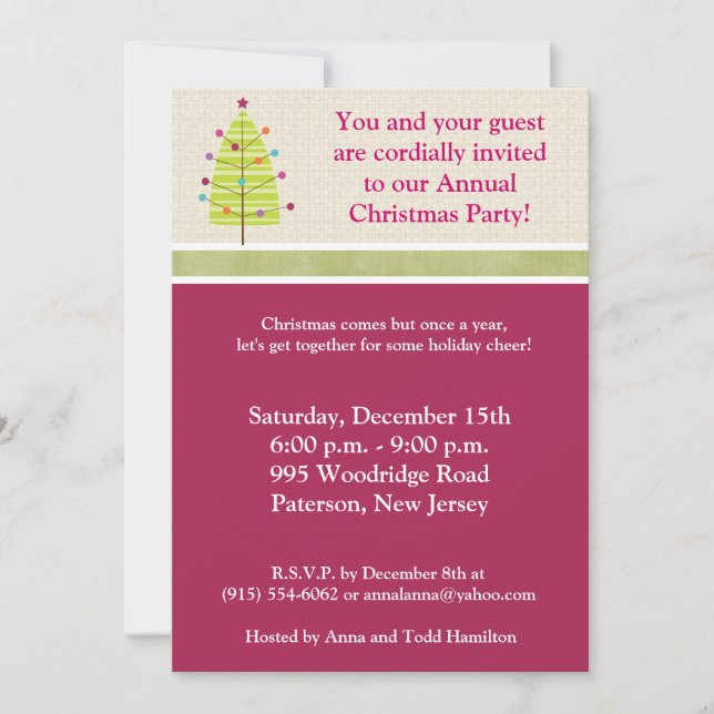 Invitación de Navidades de árbol verde / ornamento (Anverso)