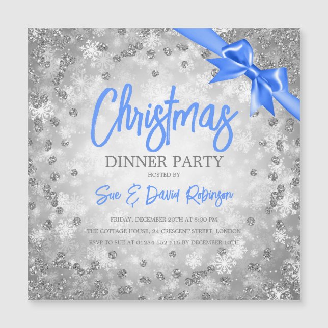 Invitación de Navidades de cinta azul Purpurina pl (Anverso)