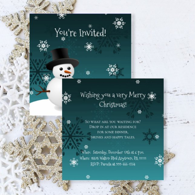 Invitación de Navidades de la escena verde azulada (Teal Snowman Winter Scene Christmas Party Invitation)
