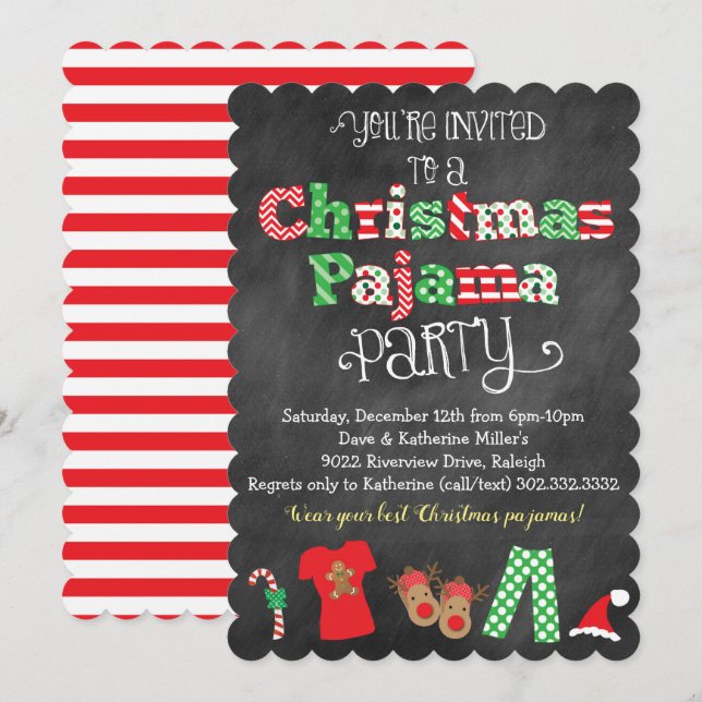 Invitación de navidades Fiesta Pajama Chalkboard (Anverso / Reverso)