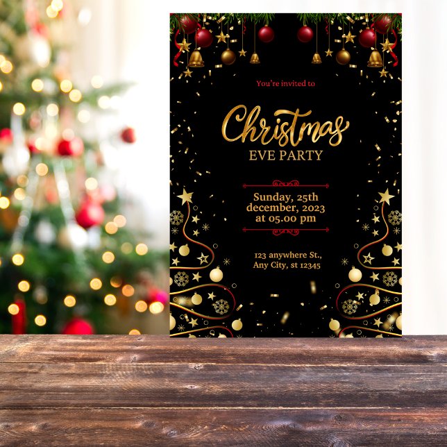 Invitación de Navidades modernos de oro, rojo y ne (Subido por el creador)