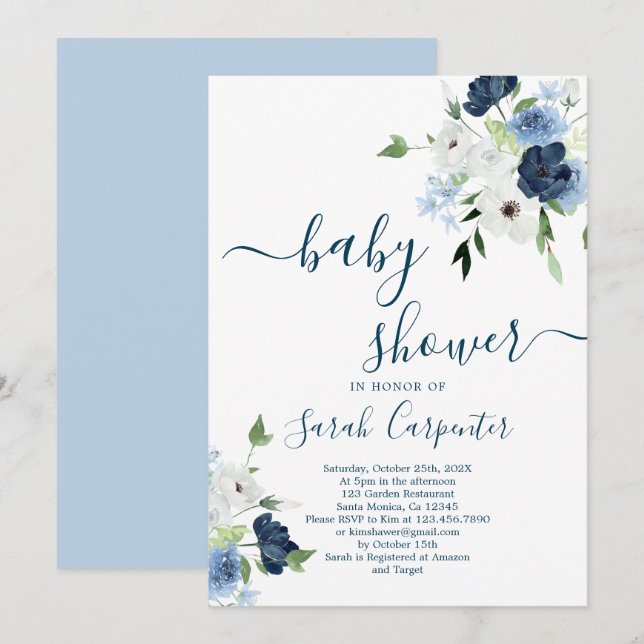 Invitación de Navy Blue Floral Baby Shower Boy (Anverso / Reverso)