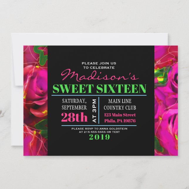 Invitación DE NEÓN del dulce dieciséis de los (Anverso)