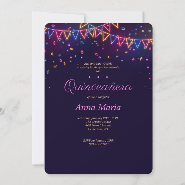 Invitación de Neon Quinceañera (Anverso)