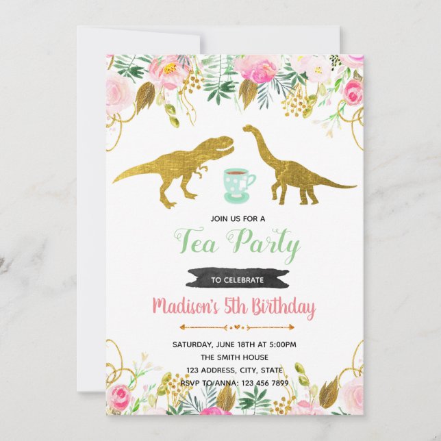 invitación de niña a fiesta de té rex (Anverso)