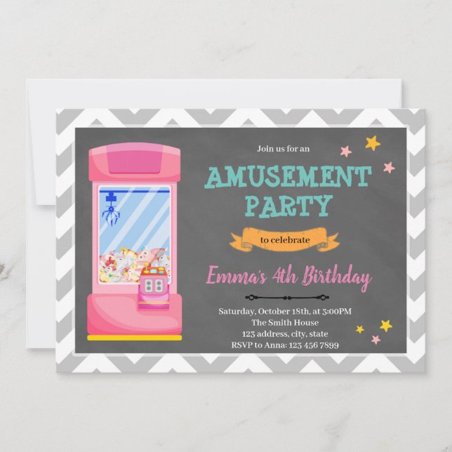 Invitación de niña a parque de diversiones arcade (Anverso)