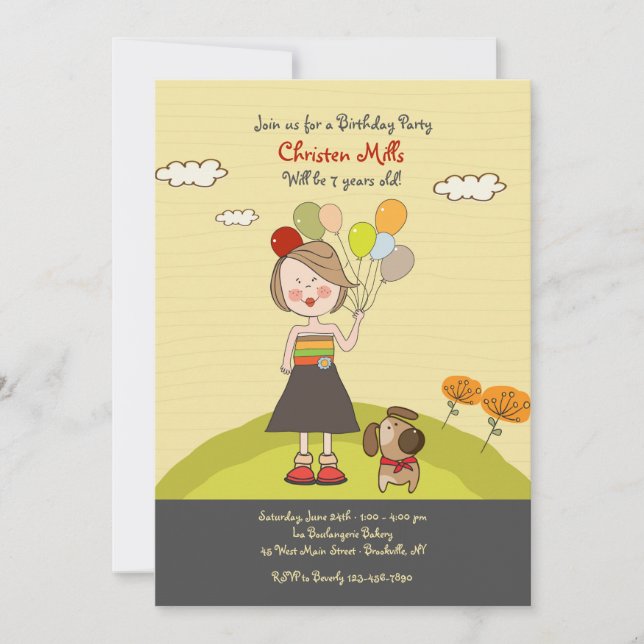 Invitación de niña con globos (Anverso)